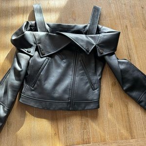 BCBGMaxAzria Black Leather Cropped Shoulderless Jacket Size XS